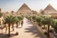 Placeholder: A tourist walkway in Egypt overlooking the pyramids and has green spaces, street seating , and shops on both sides