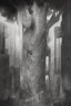 Placeholder: surrealis monochrome A fragmented, surreal tree sculpture liguid color of photorealistic image 3d,psychedelic art of a tree glossy emerging from dreamlike a crumbling building. The tree appears pale with deep cracks and intricate details, evoking a haunting expression. Blackened tree branches intertwine with the gold mengkilat cracks, set against a backdrop of stormy, cloud-filled skies. bauhaus art The overall tone is dark and moody, suggesting themes of decay and transformation.