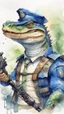 Placeholder: A police man holding a gun , he has a face of dnd, fantasy, watercolour, humongous strokes, stylistic, portrait, illustration, furry, lizard, personable face