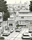 Placeholder: Architectural drawing of an urbanization of two-story houses, streets, trees, people and cars