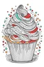 Placeholder: color sketch for coloring book, Christmas-themed, Festive holiday cupcakes, kid style, full body, cartoon style, clean and simple clip art.