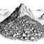 Placeholder: una ciudad amurallada bajo una montaña, boceto a pluma, blanco y negro. HD