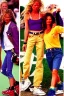 Placeholder: year 1996 denim fashion. Loose fit, low waist, baggy. Colors: denim blue, blue, purple, khaki, light green, lilac, plum, orange, terracotta, red, light yellow, lion yellow, pink, dark blue, beige. Women models. Jennifer Lopez, Kate Moss, Gwyneth Paltrow. Big tennis shoes on.