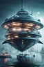 Placeholder: weird sharklike boat with supports flotillas to keep it stable, book cover pen illustration, portrait of captain on a misty catamaran dome modular house sub that looks like a dark twisted alien space ship with spotlights, in advanced hi tech dock, bokeh like f/0.8, tilt-shift lens 8k, high detail, smooth render, down-light, unreal engine, prize winning