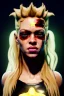 Placeholder: portrait, Shakira, blonde, angry, Realistic image, superhero, watchmen style, make-up, gold make-up, sweat, fog, goddess style, Neon colors, leds. Black background, photo studio, concept art, smooth, unreal engine 5, god lights, ray tracing, RTX, lumen lighting, ultra detail, volumetric lighting, 3d, finely drawn, high definition, 4k.