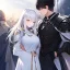 Placeholder: Girl with white hair wearing white robes. Boy with black hair wearing leather armor