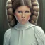 Placeholder: death star framed complete and photo realistic detailed head to waist stunning photo realistic portrait of young carrie fisher as Princess Leia in star wars with photo realistic hairstyle by Mandy Jurgens and mucha and Richard Schmid and chuck close and chie yoshii, extraordinary and detailed ceremony dress of star wars,brown eyes