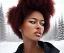 Placeholder: Crying girl, sad, expressive, emotive, frowning, furrowed eyebrows, pouting lips, African American, afro hair, looking out window, blizzard, snow, red sweater, delta sigma theta, drinking coffee, hazel colored eyes