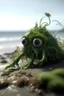 Placeholder: Fantasy Coastal Eyeless Creatures Oddly Turned Into Dangerous Viruses based on seaweed simple appearance in large seashore, landscape style photo