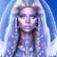 Placeholder: portrait of a beautiful aztecan woman with an angel face smiling,long blond hair, blue eyes, pink and blue dress, jewels, soft light aura