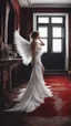 Placeholder: White wings, scissors, red dress on a luxurious velvet floor. Cinematic photo