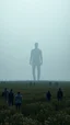 Placeholder: A field of random people at the end of the picture gray background an giant shadow of human figure standing in a cinematic, 8k