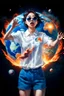 Placeholder: An image of a young Korean woman with a surprised expression, holding her hands up as if she is reacting to a catastrophic event in front of her. She is wearing a white blouse with detail, blue shorts, and sunglasses pushed up onto her head. In front of her, there is a highly detailed planet resembling Earth, dramatically cracking and breaking apart with fiery explosions and molten lava visible at the fractures. Debris is flying outward from the planet. The background is stars/space