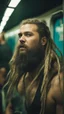 Placeholder: full figure photography of an ugly dirty gipsy burly muscular chubby stocky strong man 31 years old with raided beard, dreadlocks, manly chest, hairy , ajar mouth, photorealistic ,shirtless, bulging shorts, side light, inside a crowded subway station , neon lights