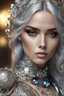 Placeholder: photography realistic portrait natural beauty of young woman, beautiful, shiny hard eyes, make up, Fantasy style, shiny baubles, ornate, large gemstones, shiny molten metalics, shiny wire filigree, silver hair, high definition, high res, octane render