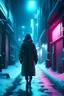 Placeholder: winter, a pretty eskimo woman walking in an alley, neon lights, heavy snow falling, freeing cold, empty streets, fantasy world, 4k