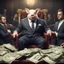 Placeholder: rich pig in suit on a throne making stacks of money by making a deal with a buisnessman. background of musicians. baksinski style