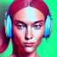 Placeholder: close-up of a female face with headphones in retro colors synth wavestyle, 2d digital vector art