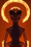 Placeholder: alien in the bitcoin, Fire theme art, Dark moody night atmosphere, , 8K, close-up face, anatomically perfect face