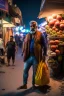 Placeholder: full body shot photography, iranian man at night, 55 years old with hands on the flap, manly chest, muscular chubby , curly beard, dirty, serious, stand up on a crowded street, sells watermelons at his stall, sweat, shirtless, open legs, bulging pants, long hair, ugly, big thighs, bullneck, big shoulders, photo realistic, photographic, super detailed, hyper realistic, UHD, midnight , misery and poverty, side light, frontal view from the ground, ambient occlusion