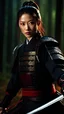 Placeholder: Medium shot Portrait photrealistic incredibly beautiful Japanese actress Aya Ueto as Samurai in Black Samurai suit in the mid of forest at night, she is in action slashing enemy soliders swiftly and blood splittingeverywhere, stunning intricate meticulously detailed dramatic digital illustration volumetric lighting, 64 megapixels 8K resolution, fantasy back-lit soft lights, photorealistic arts