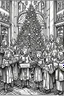 Placeholder: A Christmas theme, a coloring page illustrations, highly detailed, bold ink line sketch drawing of choir singing in a church close to a Christmas tree with gifts