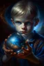 Placeholder: book cover illustration, oil painting portrait of metallic sleeping slightly cute smirking innocent blue eyed vampire holding small earth on a platter in one hand, bokeh , high detail, smooth render, prize winning, down light, depth of field, aura