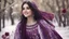 Placeholder: Hyper Realistic Close-up-face-view of a Beautiful Young Happy Pashto Girl with beautiful-eyes & long-black-hair smiling & wearing purple-&-white-embroidery-dress-with-maroon-shawl whirling with breeze, tall-grass along with a thick-trees & Rose-petals-whirling & snowfall-day showing dramatic & cinematic ambiance