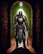 Placeholder: A frightening castle dungeon hallway with an knight warrior in rusty chainmail holding a zweihander painterly rpg art