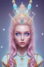 Placeholder: cosmic petit prince belle fine, profil de trois quart, grand front cosmique, peau bleu cristalline, yeux bleu, perle sur le front long cheveux blond et rose etoilé, cristaux sur le corps, collier de grande princesse, levres souriante, très jolie sourire