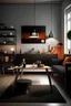 Placeholder: A LIVING ROOM THAT HAS A BLACK MODULAR COUCH, A RECTANGULAR DINING ROOM TABLE, WHITE WALLS, ONE WINDOW, A SHELF WITH SOME BOOKS SOME PICTURES AND A ORANGE ARTEMIS LAMP, A TV ON A MINIMALIST STAND WITH 2 LEGS, A SMALL CART WITH MEZCAL BOTTLES. PHOTORREALISTIC NIGHT SCENE