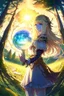 Placeholder: Anime, blonde girl in medieval clothing in large field in the middle of the forest with a globe of light next to her, HD, extreme detail