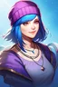 Placeholder: A realistic drawing of Chloe Price, the girl with the blue hair from the videogame "Life Is Strange", pretty, professional, of great quality, wearing her usual purple beanie cap and her 3 bullets necklace, being happy.