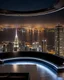 Placeholder: wide stage in luxury room in top floor of skyscrapper in moder city at night sky, ,city scape at backgrownd