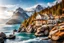 Placeholder: pretty dream houses in rocky mountain in wavy sea side, 1beautiful lady standing on rock