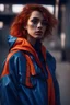 Placeholder: a young woman in a blue jacket with orange and blue makeup, in the style of fujifilm natura 1600, androgynous, óscar domínguez, uhd image, playing with light and shadow, klaus pillon, jagged edges