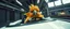 Placeholder: car driving happy 2d fluffy quickling parrot ninja in the style of Escher and Giger and Fallout 4, pinhole cam, airbrush 3d rendering, on tv screen:A five-second cinematic single take in a clean industrial presentation hall.