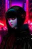 Placeholder: Create a hyperrealistic digital art piece featuring Babymetal wearing a gothic dress. Pay meticulous attention to detail. Render her hair and face with exquisite detail, capturing the beauty of the character. The image should have an ultra-focused and intense feel, utilizing an 8k resolution for crispness and clarity. The background is a neon cityscape