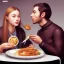 Placeholder: A girl eating a meal with her boyfriend who is hiding an erection