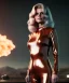 Placeholder: retro sci-fi portrait image from 1980, supermarket parking explosion, fire, scared people, blonde woman walking, young Michelle Pfeiffer face, tight latex suit, soft color, highly detailed, unreal engine 5, ray tracing, RTX, lumen lighting, ultra detail, volumetric lighting, 3d, finely drawn, high definition, high resolution.