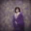 Placeholder: Sidney Sweeney, purple fur, flowered wallpaper background, old autochrome