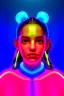 Placeholder: Rosalía artist, Realistic image, waist up portrait, perfect eyes, glow, eye liner. pigtails hair, spray line make up, glow. lips, gold. big rings piercing, led ornament, pearls. inflatable latex coat, cold, led lights, minimal, neon, pink, blue, gold, vibrant color, highly detailed, art stations, concept art, smooth, unreal engine 5, god lights, ray tracing, RTX, lumen lighting, ultra detail, volumetric lighting, 3d, finely drawn, high definition, 4k.