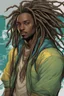 Placeholder: Long shot, exteme wide shot, Head in frame, Whole body in frame, legs and feet in frameultra detailed, Creative, original character, original superhero character Stunningly handsome man with dark brown blue streaked neck-length dreadlocks, straight nose, dark skin, gorgeous broad young face, kind roguish steel hazel eyes, wearing white, yellow, and green superhero body suit, hyperrealism, by Greg Rutkowski,by anna dittmann,trending on artstation