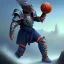 Placeholder: a fierce warrior in full navy blue and orange battle armor, with an S-shaped shield, holding a basketball, background of Inka jungle, a highly detailed illustration, realistic render, 8 k, micro detail, intricate, elegant, centered, digital painting, Artstation, smooth, sharp focus, illustration, artgerm, tomasz alen kopera, peter mohrbacher, donato giancola, joseph christian leyendecker, wlop, boris vallejo