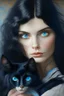 Placeholder: Black hair, blue eyes, woman holding calico cat