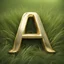 Placeholder: the letter A, 3d letter design, made of shiny gold metallic finish, kept on natural grass, highly realistic