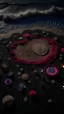 Placeholder: bird's eye view of shipwreck, seashore, moonlit night, foam waves, stands out an ancient crown set with ruby and different indecipherable coins between salt and sand, a wig, gloves, a compass , an abacus, kodak, fuji film, hgtv, 12k ursa, cinematic