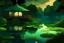 Placeholder: pond in anime ghibli style. cozy calming aesthetical. evening. warm green colors. not too dark. with a big lily pad on the right of the picture. big mushroom like standing lamp near lily pad. dont see sky. no wooden houses on background. water more detailed with small waves. bushes and trees on background.