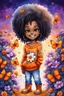 Placeholder: Create a detailed and abstract graffiti water color painting illustration of a chibi black thick female and curly tight afro. She is wearing a orange tie dye off-shoulder sweater, blue torn jeans, and orange-colored boots with fluffy white trim. SHe has a confident and cheerful expression, with large expressive eyes and a bright smile. background of orange and purple butterflies and magnolia flowers around her