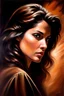 Placeholder: dark brown wood panel background with an overhead spotlight effect, a small woman facing to the side looking back over her shoulder, full color oil painting in the art style of Boris Vallejo